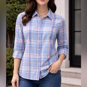$80 Talbots Women’s Plaid Button-Down Classic Cotton Vista Blue Shirt 1X NWT